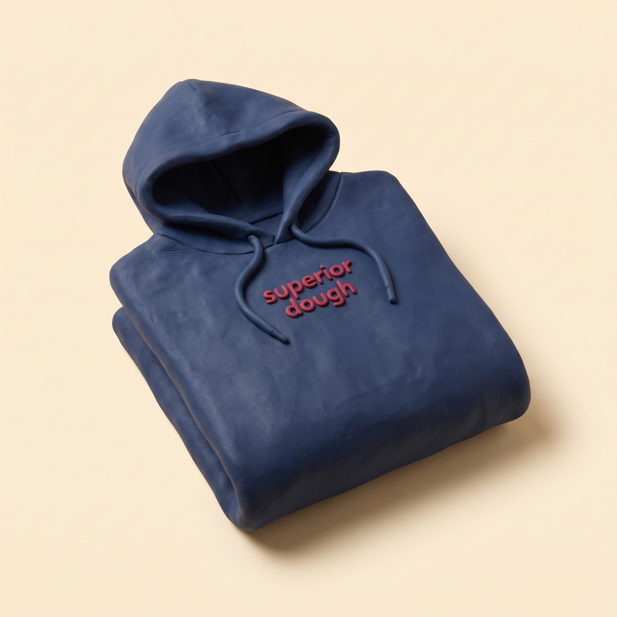 Superior Dough navy organic cotton hoodie, claymation product shot