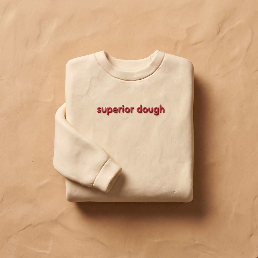 Superior Dough cream organic cotton sweatshirt, claymation product shot