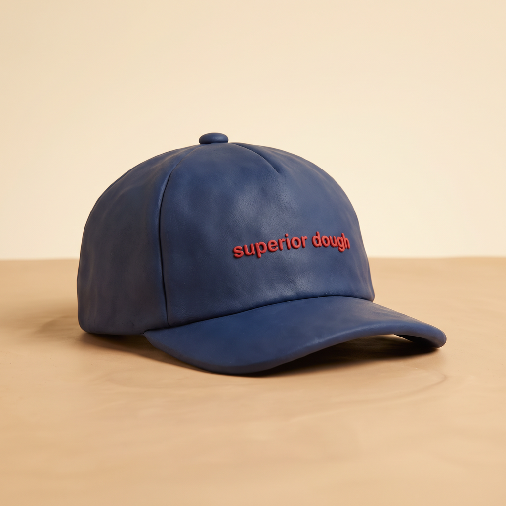 Superior Dough navy organic cotton dad hat, claymation product shot