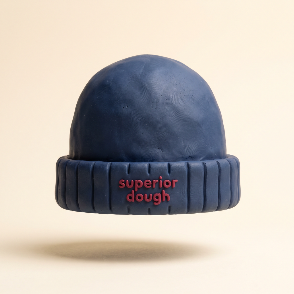 Superior Dough navy organic cotton ribbed beanie, claymation product shot